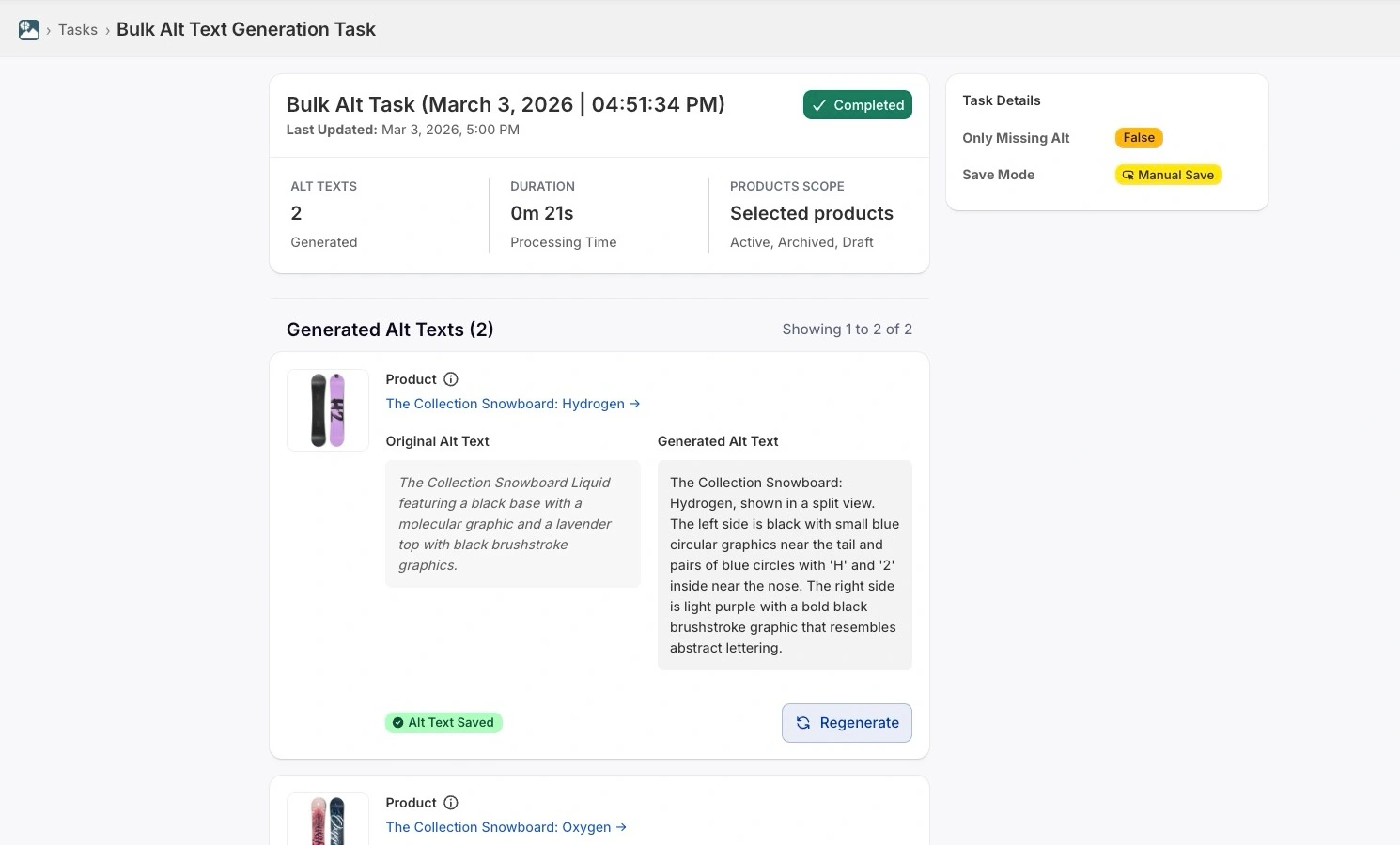 Syncor Alt - task page showing in status showing the images and their original and generated alt texts.