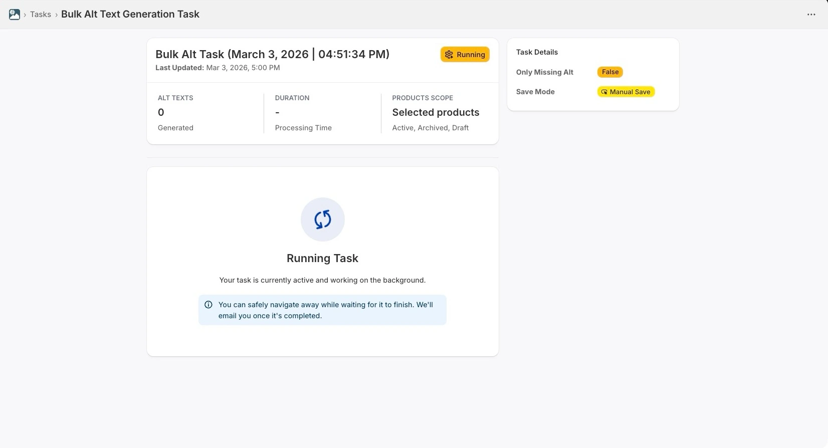 Syncor Alt - task page showing active or task running status.