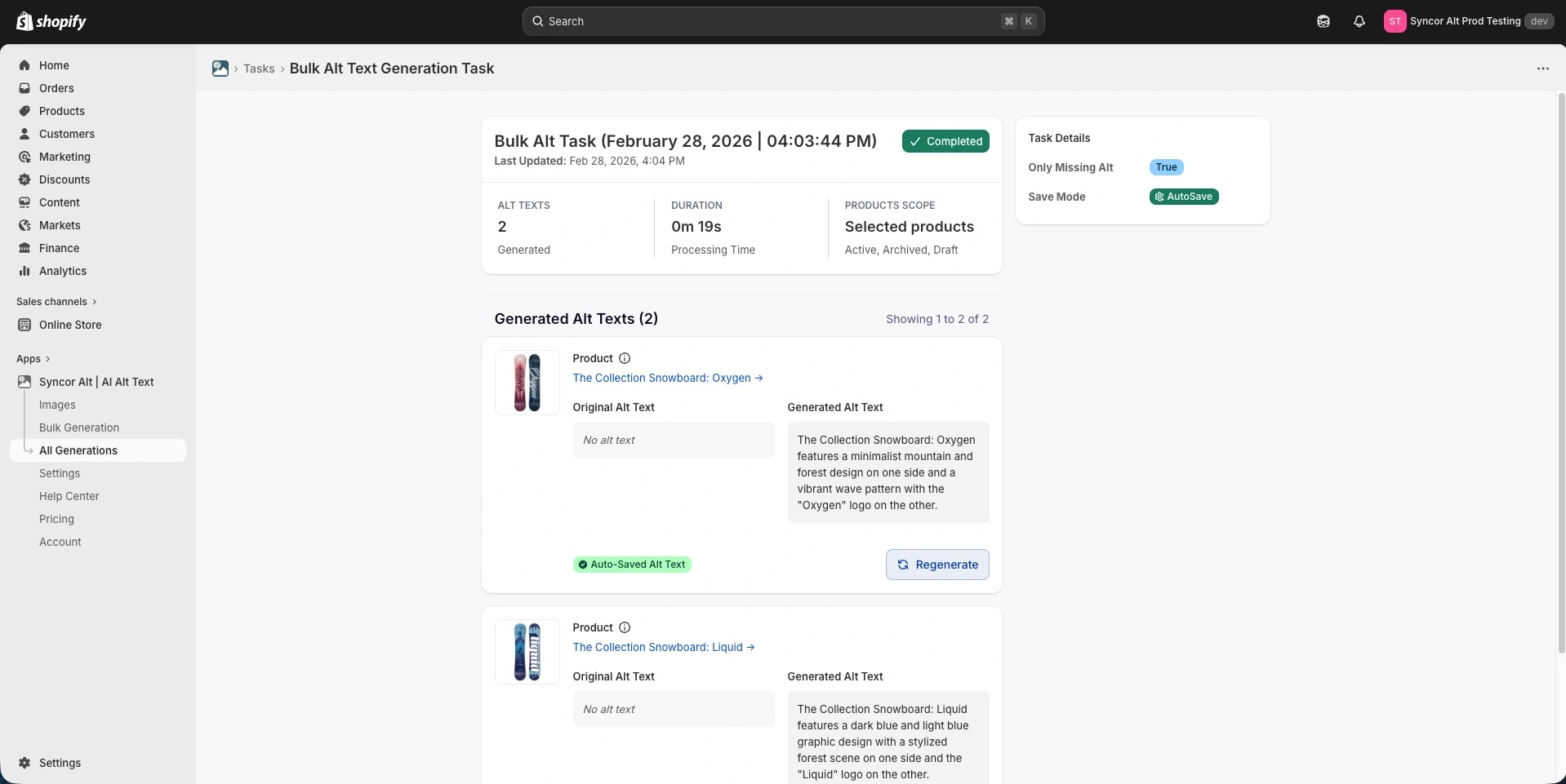 Bulk Generated alt texts of product images in Syncor Alt.