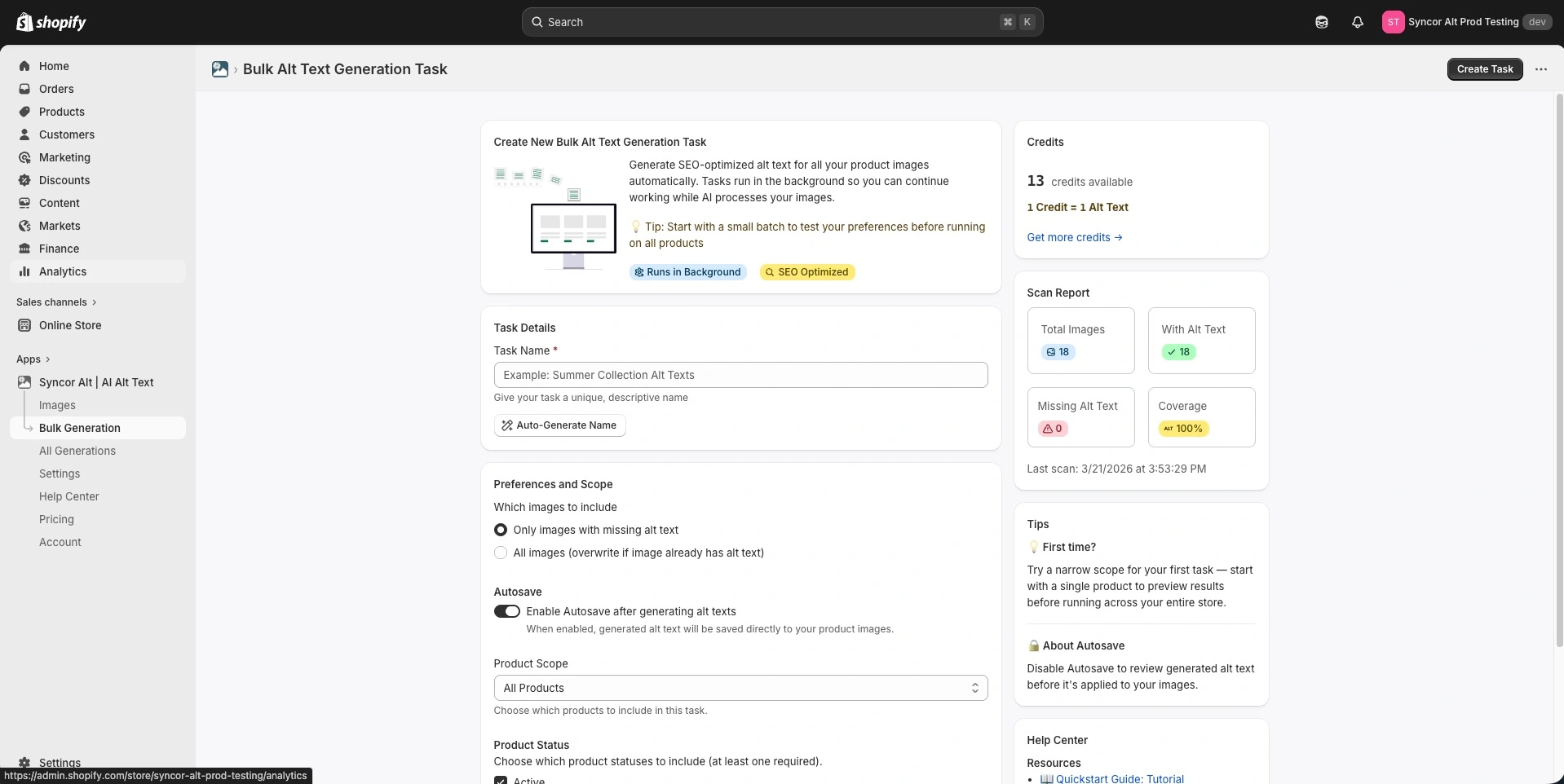 Bulk generation page of Syncor Alt from the Shopify Admin view.