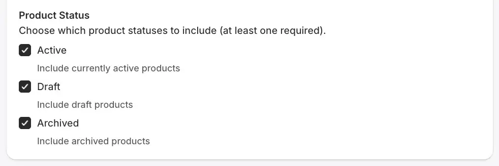 Product Status section in Syncor Alt's Bulk Alt Text Generation Task creation page.