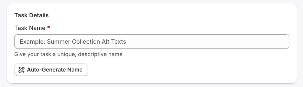 Task Details section in Syncor Alt's Bulk Alt Text Generation Task creation page.