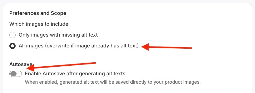 Syncor Alt Bulk Generation page showing Preferences and Scope section and Autosave switch