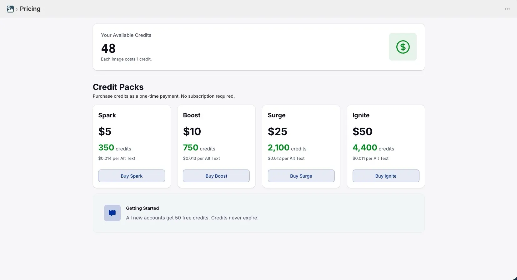 Syncor Alt's Credit Packs shown in the Pricing Page.