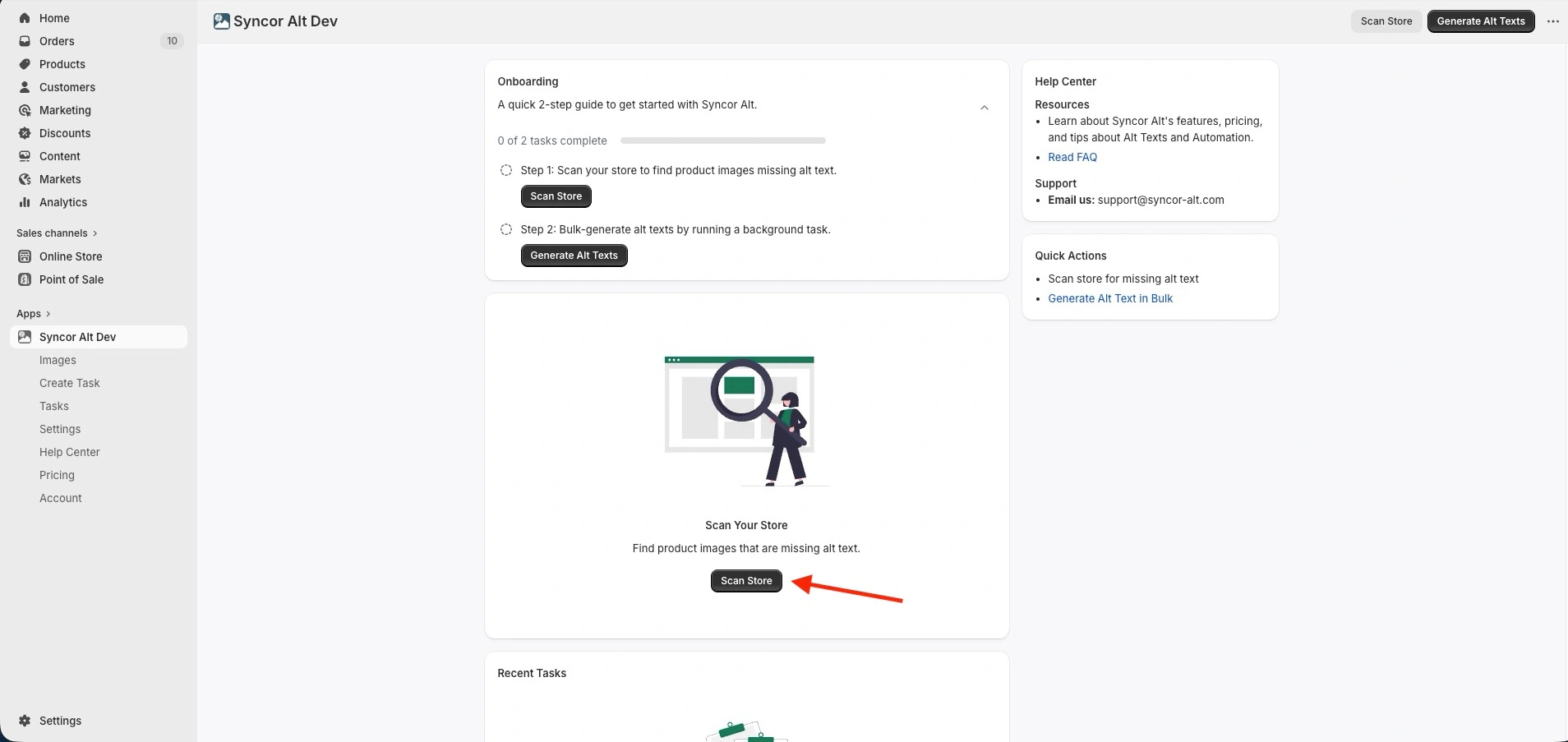 Syncor Alt empty dashboard for new installs showing a red arrow pointing to the Scan Store button to scan the store for product image alt texts.