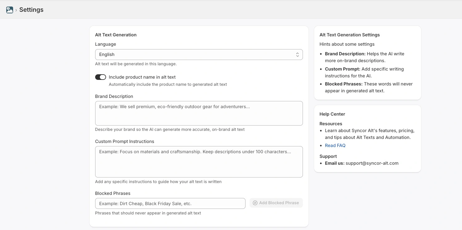 Syncor Alt settings showing Alt Text Generation settings.